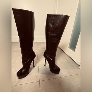 Yves Saint Laurent - Leather Knee-High Boots Size 6.5 Stilletto Heels Bikercore
